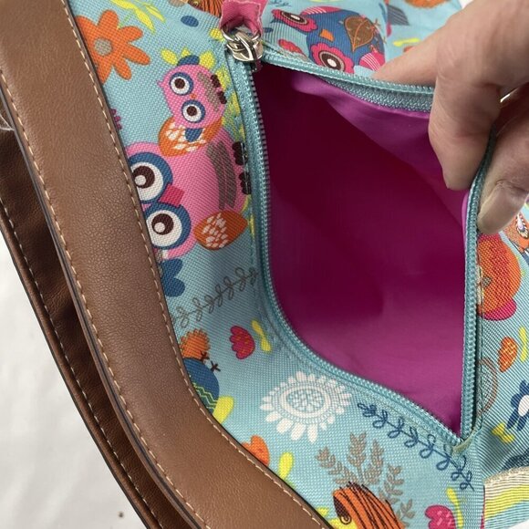 Lily Bloom Crossbody Purse Owls Medium Size Blue Brown Polyester Canvas - Picture 10 of 13
